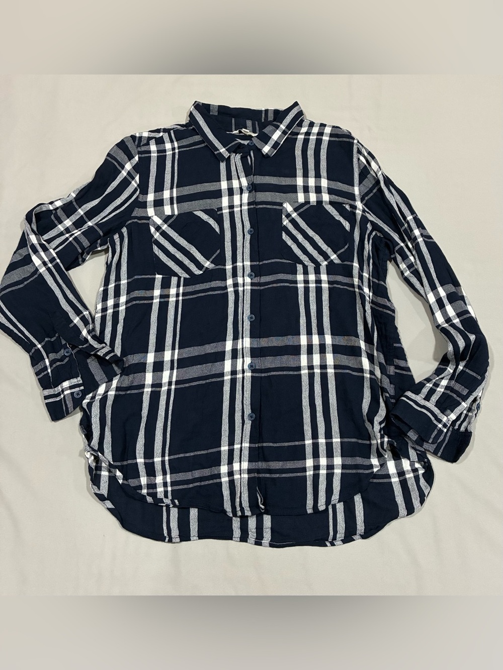 Lucky Brand Hunter Plaid Flannel Shirt Navy White Button Down Womens Size L